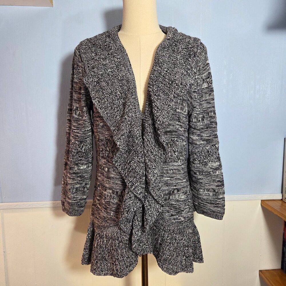 Style & Co Petite Large Black White Longsleeve Open Waterfall Ruffled Cardigan
